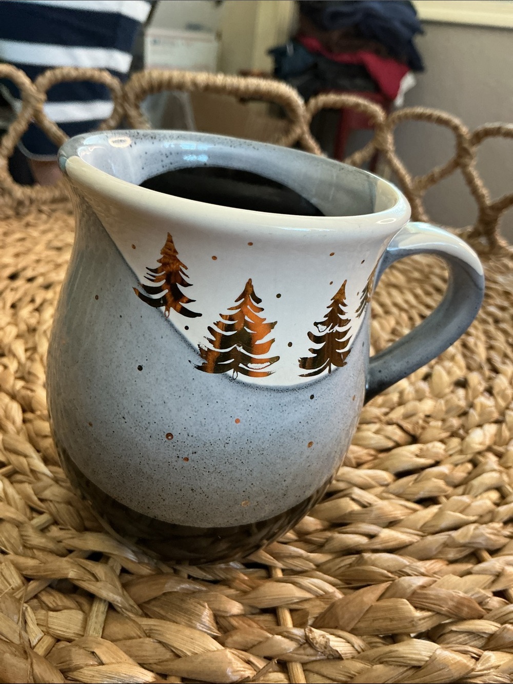 Hand-Painted Light Blue Ceramic Pitcher with Tree Motif